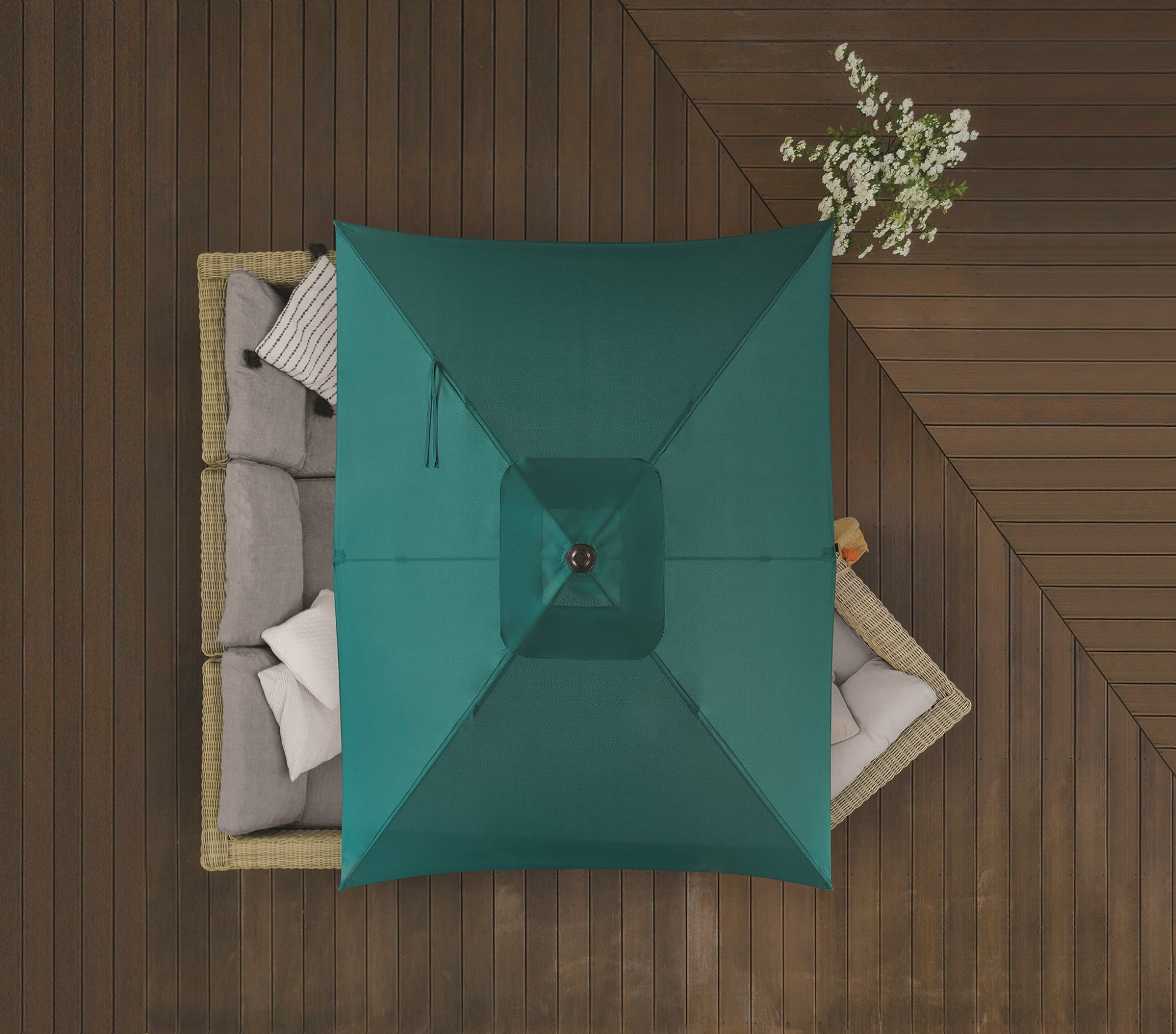 Mainstays Outdoor 6 x 7.5' Rectangle Teal Market Patio Umbrella, Push-Up, 3-Angle Tilt
