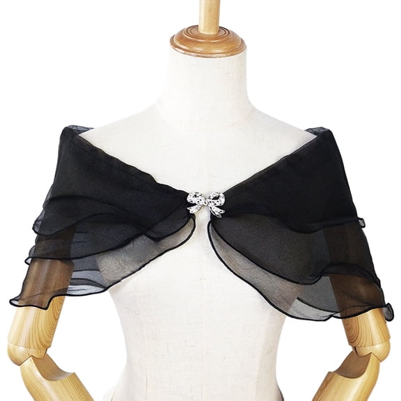 Xinwanna Bridal Shawl See-through Mesh Rhinestone Bow Buckle V Neck Three-layered Romantic Soft Lightweight Lady Wedding Party Prom Shawl (Black)
