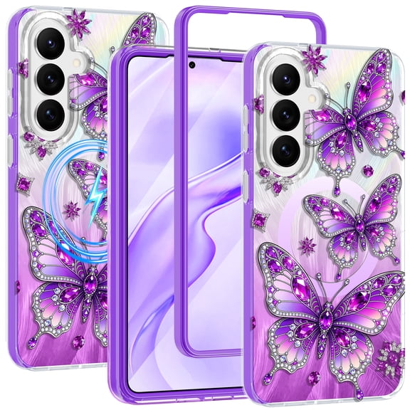 CASEFIV for Samsung Galaxy S26 Plus Case,Cute Butterfly Pattern Magnetic Phone Cover Translucent Slim Protective Case for Women Girls,Orange Butterfly