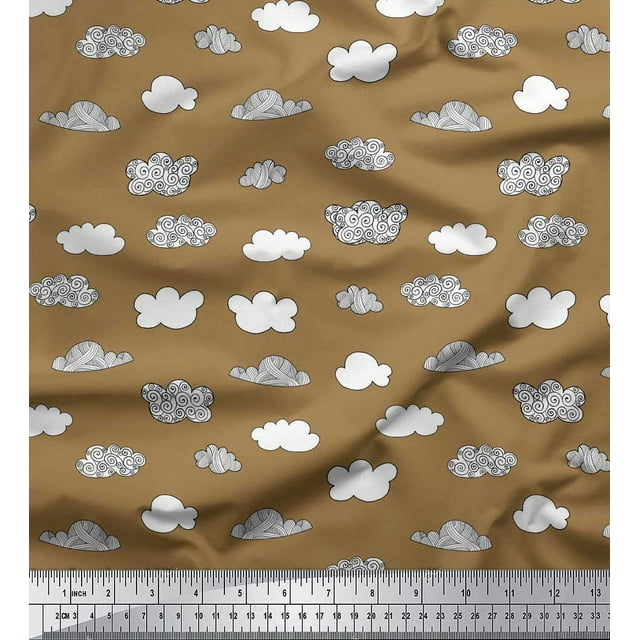 Soimoi Brown Modal Satin Fabric Cloud Nature Decor Fabric Printed Yard 42 Inch Wide