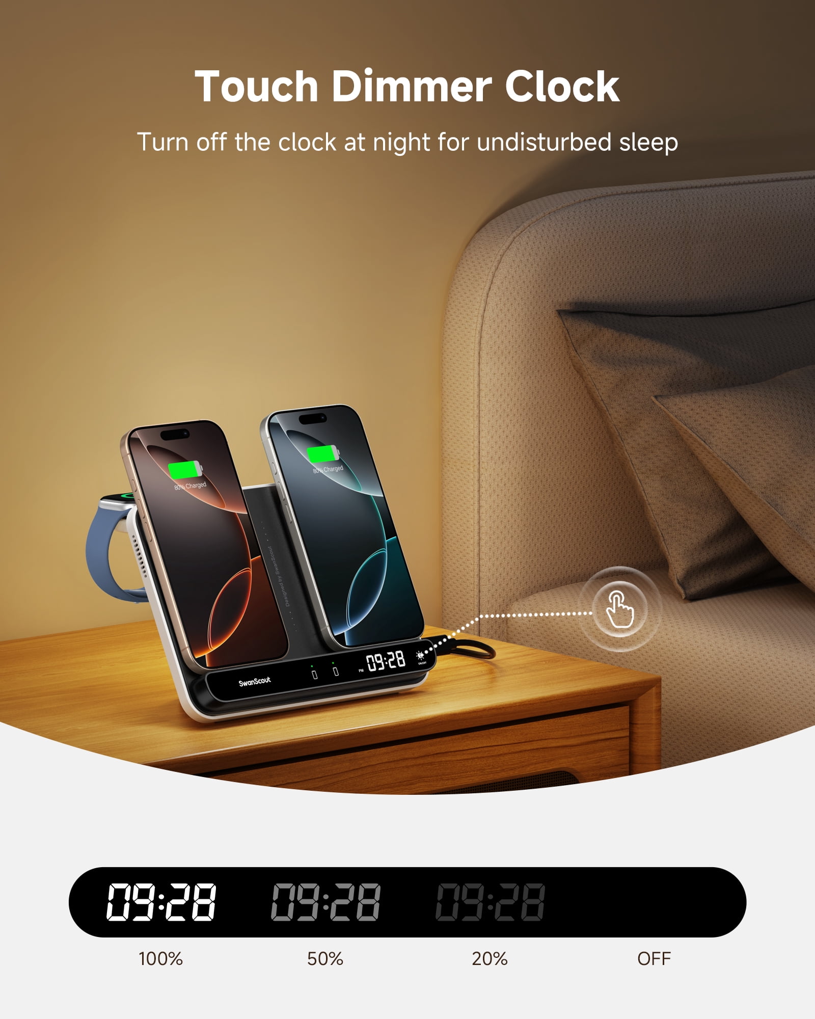 Dual Phone Charger, SwanScout 710A, Wireless Charger for iPhone 16/15/14/13/12/11/8/X Series, for Apple Watch 10/9/8/7/6, Ultra 2/Ultra, for AirPods 4/Pro 2/Pro/3