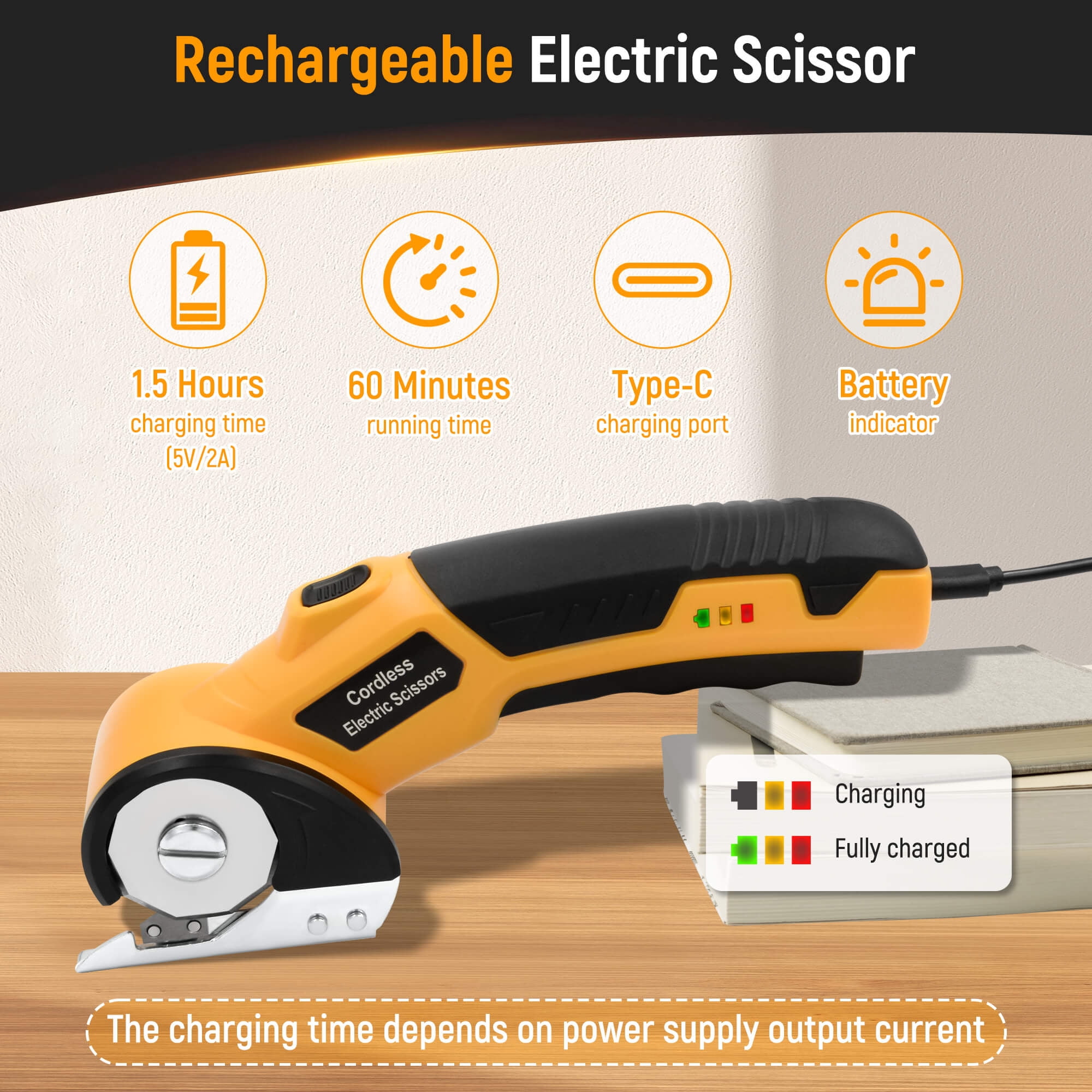 Cordless Electric Scissors, 4V Rechargeable Cardboard Cutter with LED Light ＆ Safety Lock for Fabric, Carpet, Leather, Plastic... (Yellow)