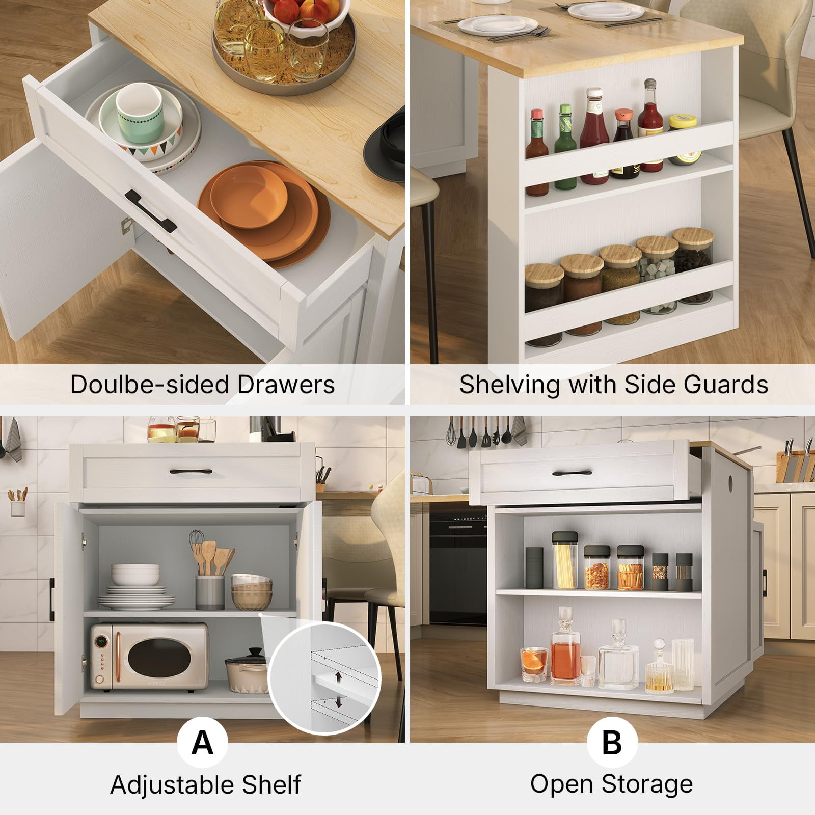 ZIVACATE 82.7"L Expandable Retractable Kitchen Island for 4-6 Person, Faux Marble Top Kitchen Island with Storage Built-in Power Outlet,White