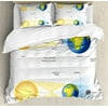 Educational King Size Duvet Cover Set, Solar and Lunar Eclipse Planet Earth Sun Moon Orbit Astronomy Science, Decorative 3 Piece Bedding Set with 2 Pillow Shams, Blue Green Mustard, by Ambesonne