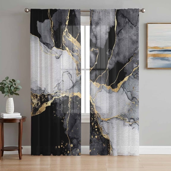 Black Grey Marble Sheer Curtains 96 Inch Length 2 Panels Set, Modern Gradient Abstract Aesthetic Voile Window Treatment Semi Sheer Long Curtains Drapes for Bedroom/Living Room/Kitchen 52"x96"x2
