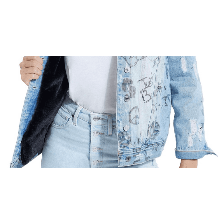 Guess Women s Ellie Faux Fur Embellished Denim Jacket Red Size Medium Walmart