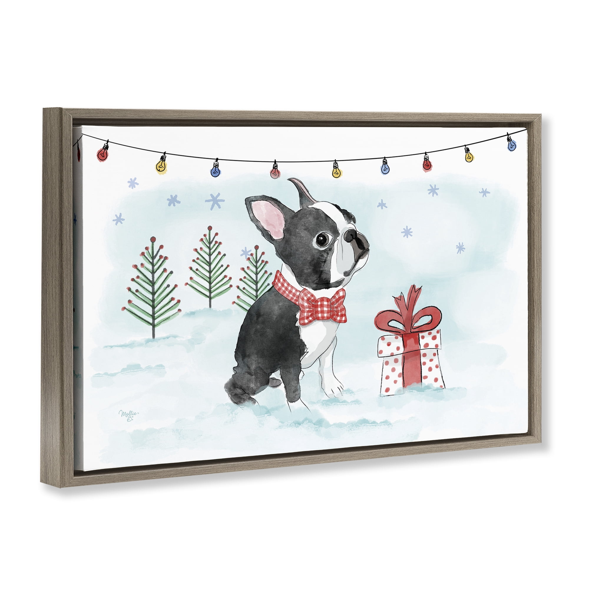 Stupell Industries Snowy Boston Terrier Holiday Painting Brown Floater Framed Canvas Art Prints Wall Art, 25 x 17