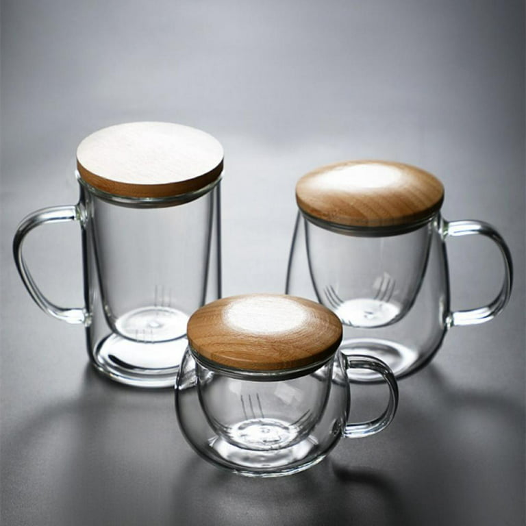 Double Glass Cup Coffee Mugs Heat-resistant Transparent Tea Cup With Wood  Lid