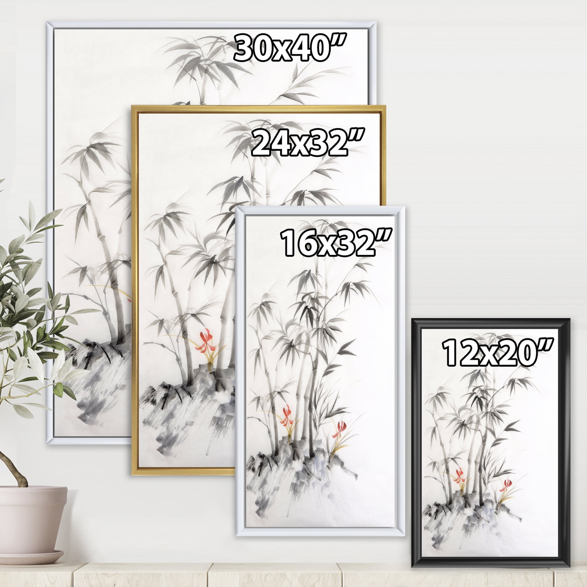 Designart 'Vintage Black and White Bamboo III' Traditional Framed Canvas Wall Art Print