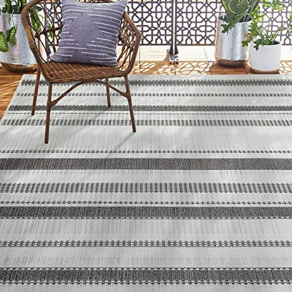 Home Dynamix Tripoli Mateo Modern Striped Indoor/Outdoor Area Rug, Charcoal/Cream, 5'3"x7'3"