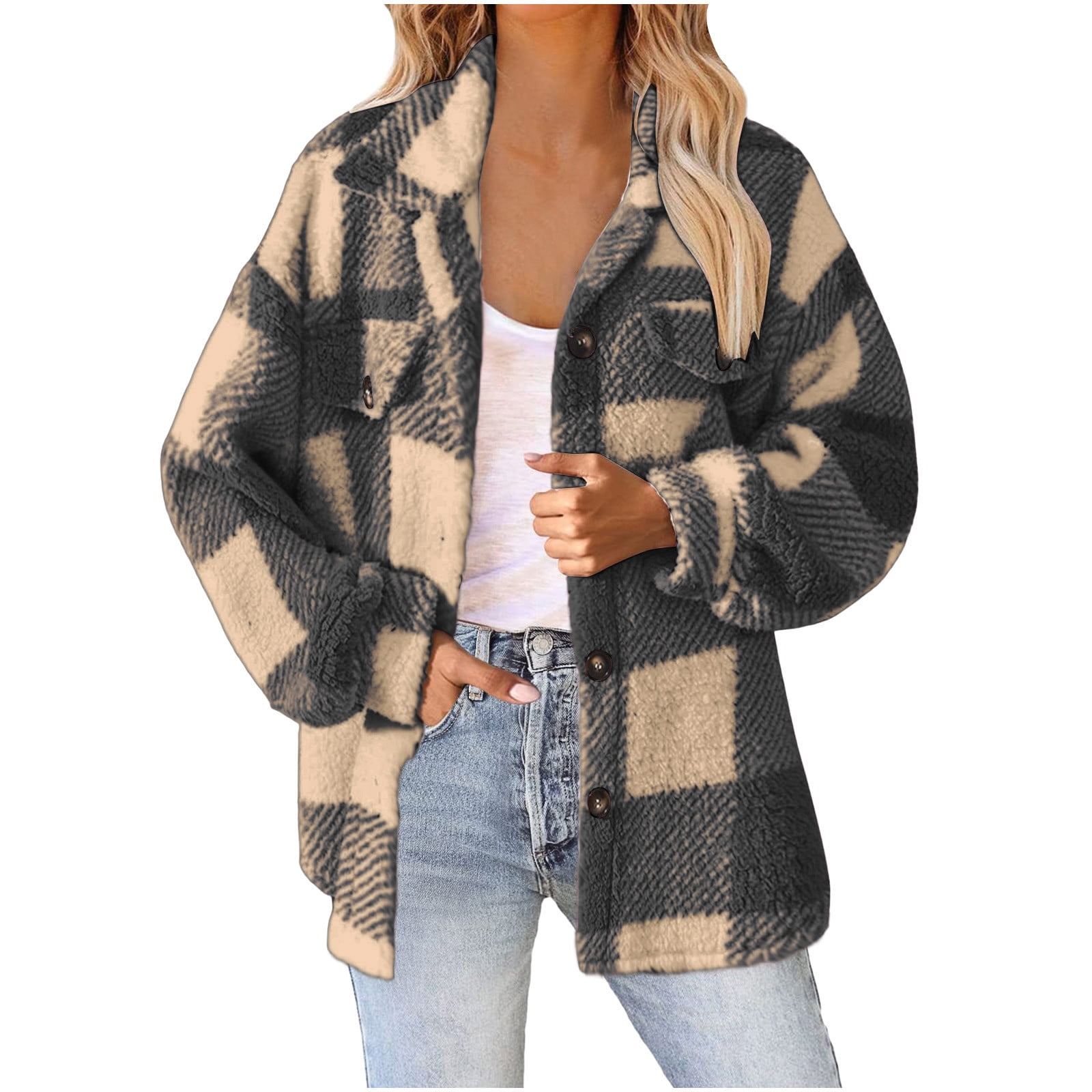 nerohusy Shackets for Women 2024 Winter Warm Fuzzy Fleece Sherpa Plaid Shirt Jackets Plus Size Button Down Long Sleeve Coats Black,L