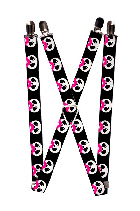 Cute White Panda Bear Faces w/ Pink Mustaches Suspenders