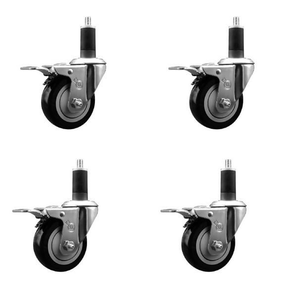 3.5 Inch Black Poly Swivel 1-1/4 Inch Expanding Stem Caster Set Total Lock Brake