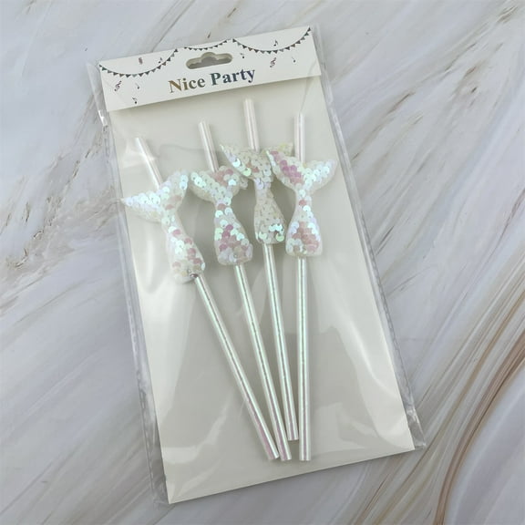 SNGMN Disposable Paper Straw Set - Mermaid Tail Design for Parties, Colorful Decorative Straws for Milkshakes, Smoothies, and More (4pcs)
