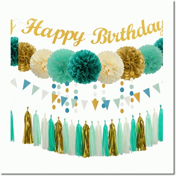 Célébrez avec Style : Kit de Fête Bleu Sarcelle Menthe Beige-Or - 31 Pcs Pompons en Papier, Guirlandes de Téléphone, Bannière Joyeux Anniversaire - Parfait pour Baby Showers, Anniversaires de Femmes (25e, 30e, 40e, 50e)