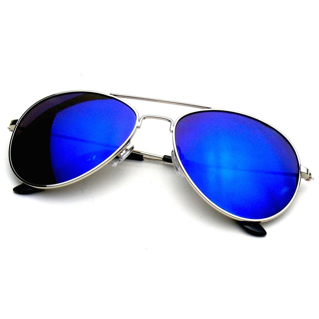 Unisex Aviator Sunglasses Classic Style Metal Frame SILVER Blue Mirror Lens 