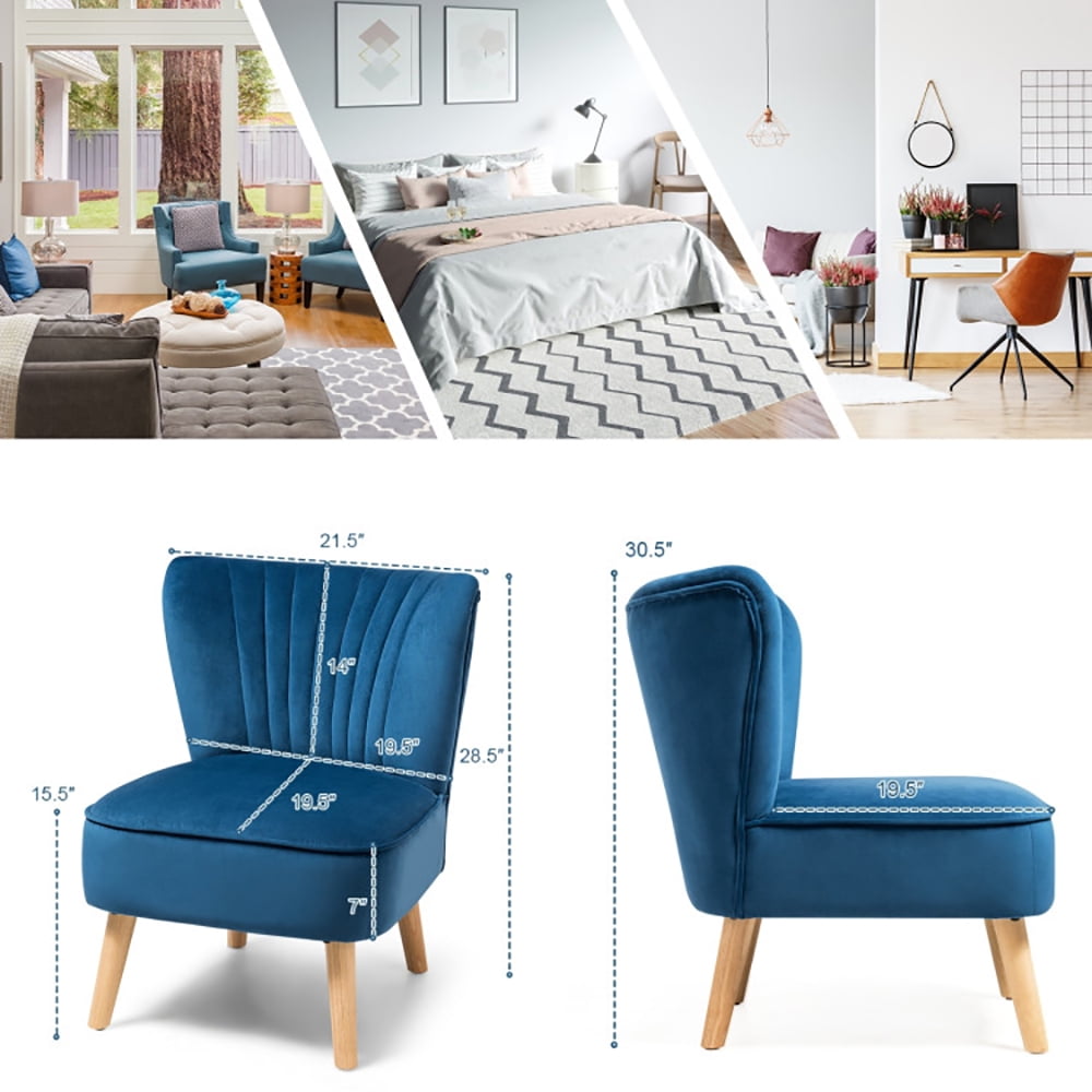 Finihen Velvet Accent Chair, Modern Armless Velvet Accent Chair with Wood Legs, Thickly Padded, Armless Wingback Club Chairs for Living Room, Bedroom, Blue