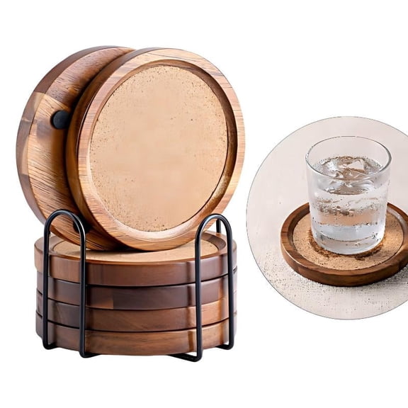 Acacia Wood Coasters for Drinks with Holder, Absorbent Cork Backing, Rustic Farmhouse Coaster Set for Coffee Table, Dining Table & Desk, Protective Wooden Coasters, Set of 6 (4.33 Inch)
