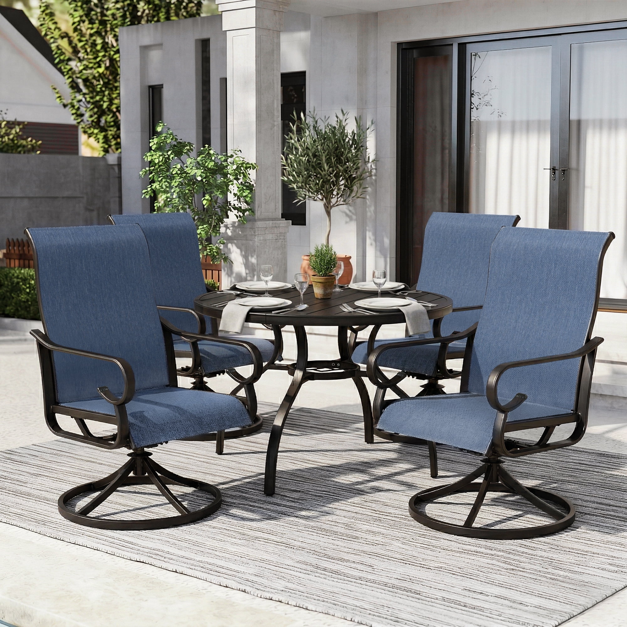 Nuu Garden 5-Piece Outdoor Dining Set, Breathable Textilene Patio Table and Chair Set with Swivel Base, Outdoor Furniture Set with Umbrella Hole, Patio Dining Table Set for Garden, Backyard, Blue