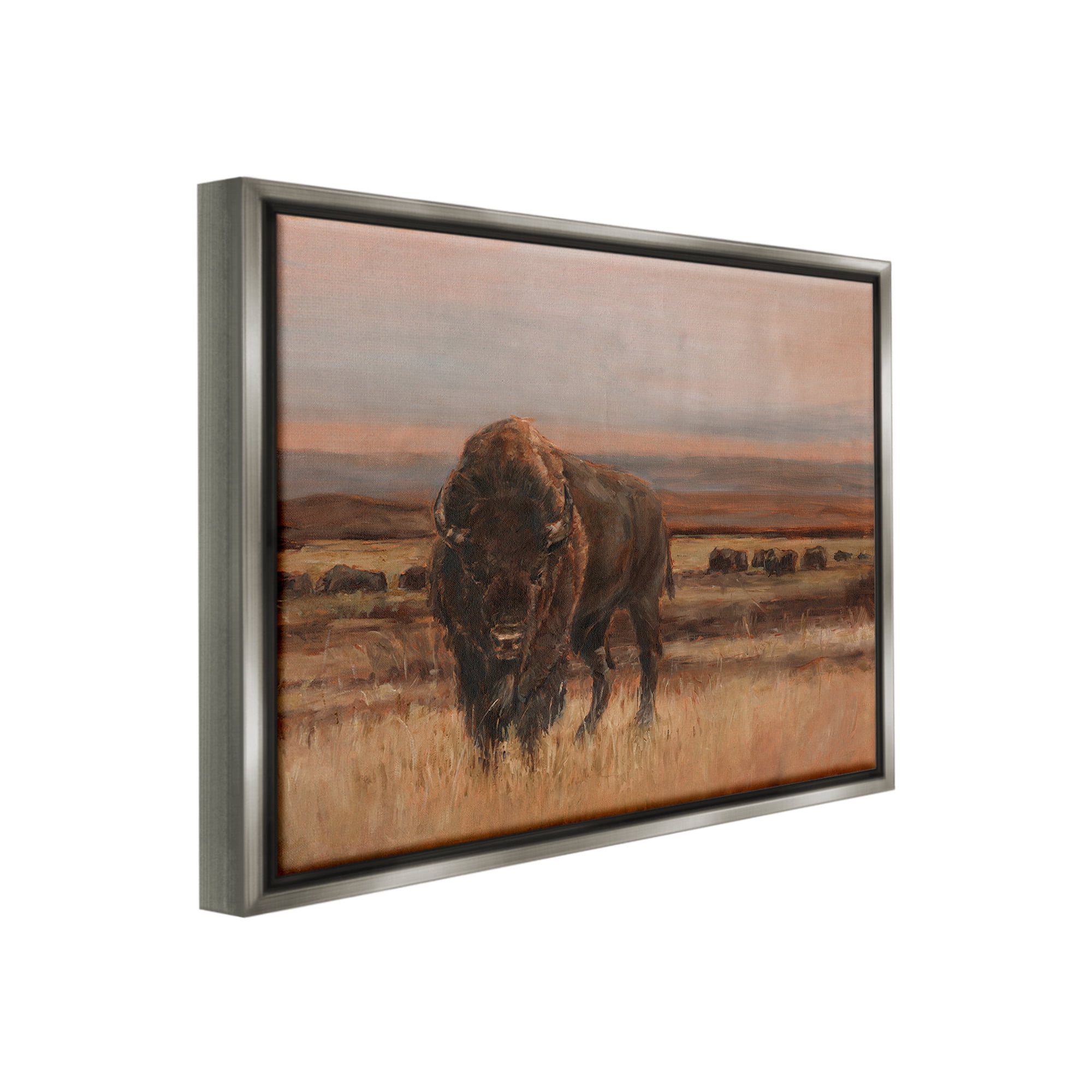 Stupell Industries Traditional Bison Landscape Animals & Insects Painting Gray Floater Framed Canvas Art Print Wall Art, 21 x 17