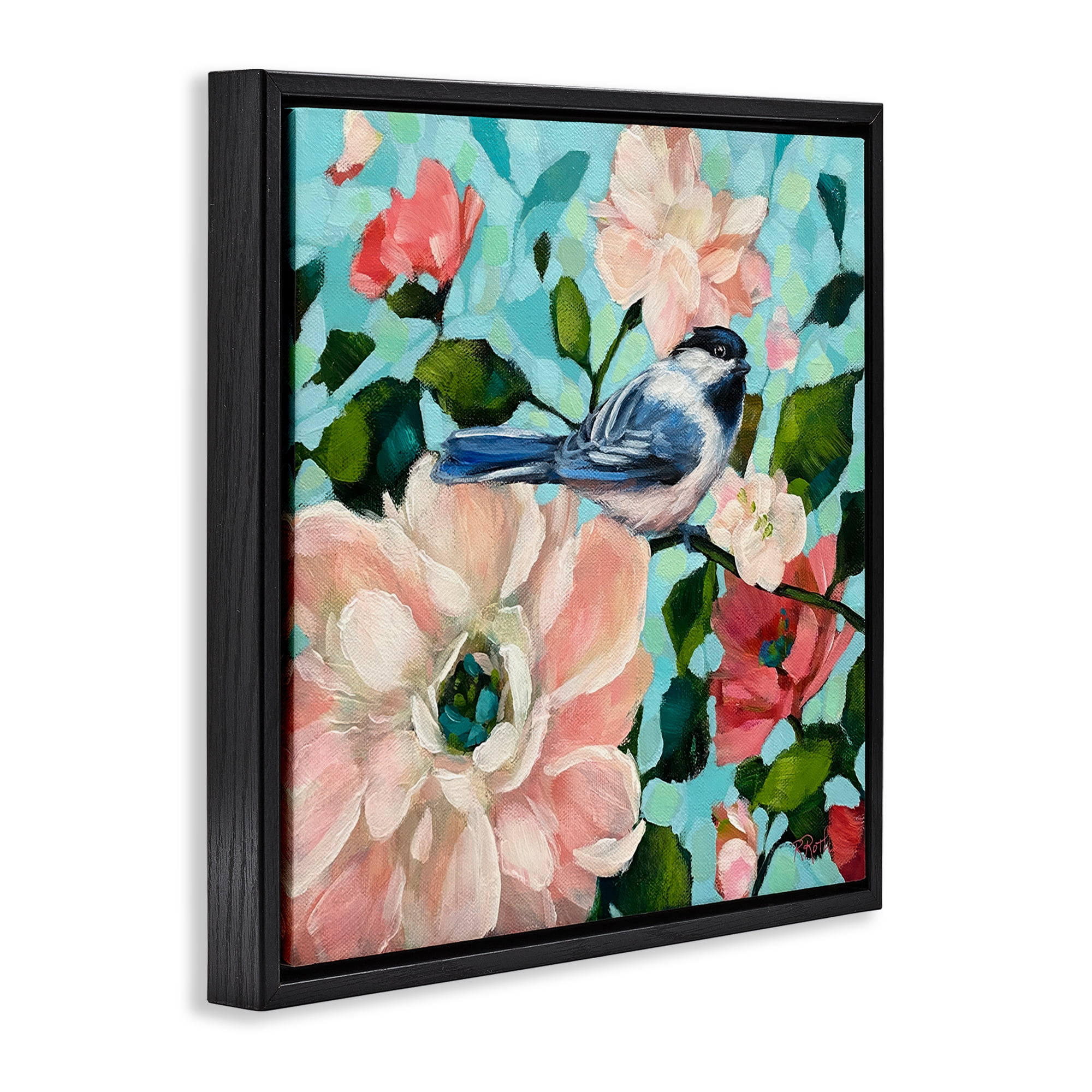 Stupell Industries Blue Bird & Bold Flowers Plants & Flowers Painting Black Floater Framed Canvas Art Print Wall Art, 25 x 25