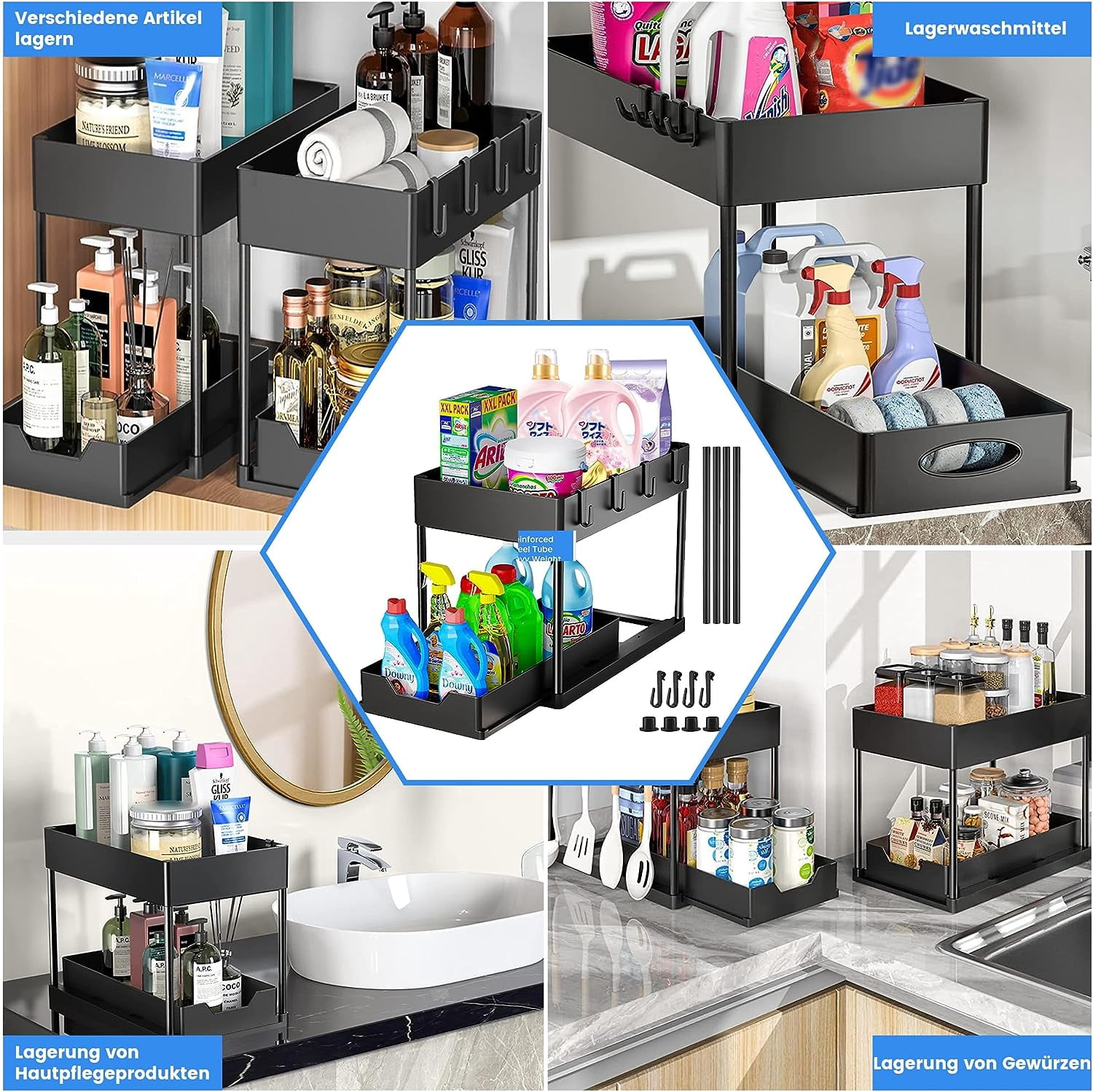 Under Sink Organizer, Bathroom Cabinet Organizer, 2 Tier Organizer Drawer with 4 Hooks & Sliding Cabinet Basket - Kitchen Organizer for Sink, Bathroom, Tabletop (Black)