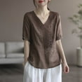 thumbnail image 2 of RYRJJ Women's Cotton Linen Shirts Vintage Summer Boho Tops Floral Lace V Neck Short Sleeve Embroidered Tunic Blouse(Coffee,XXL), 2 of 7