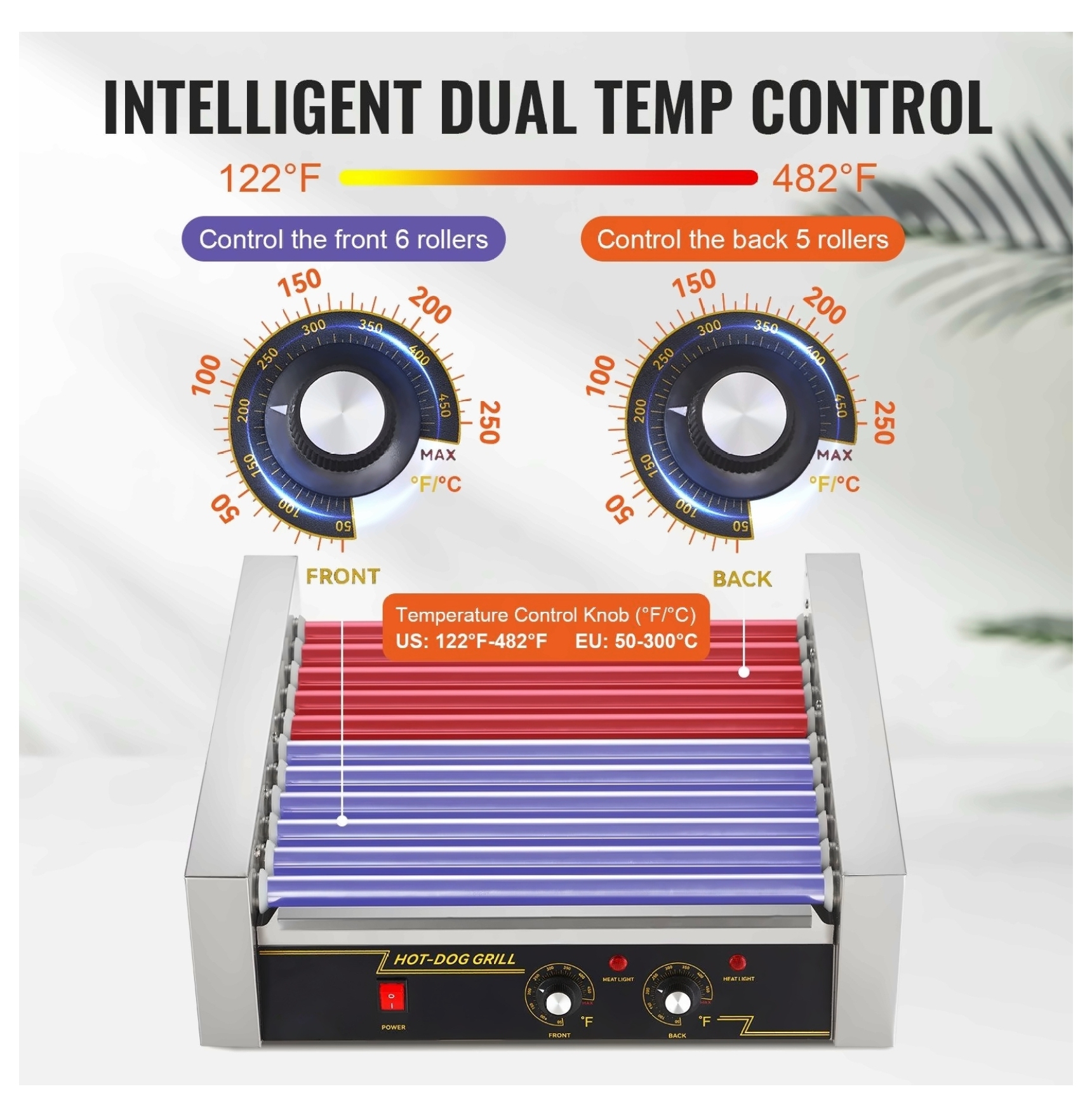 Hot Dog Roller Grill 11 Rollers 30 Capacity, 1650W Stainless Steel Sausage Cooker with Temp Control, Bun Warmer, Drip Tray, ETL Listed