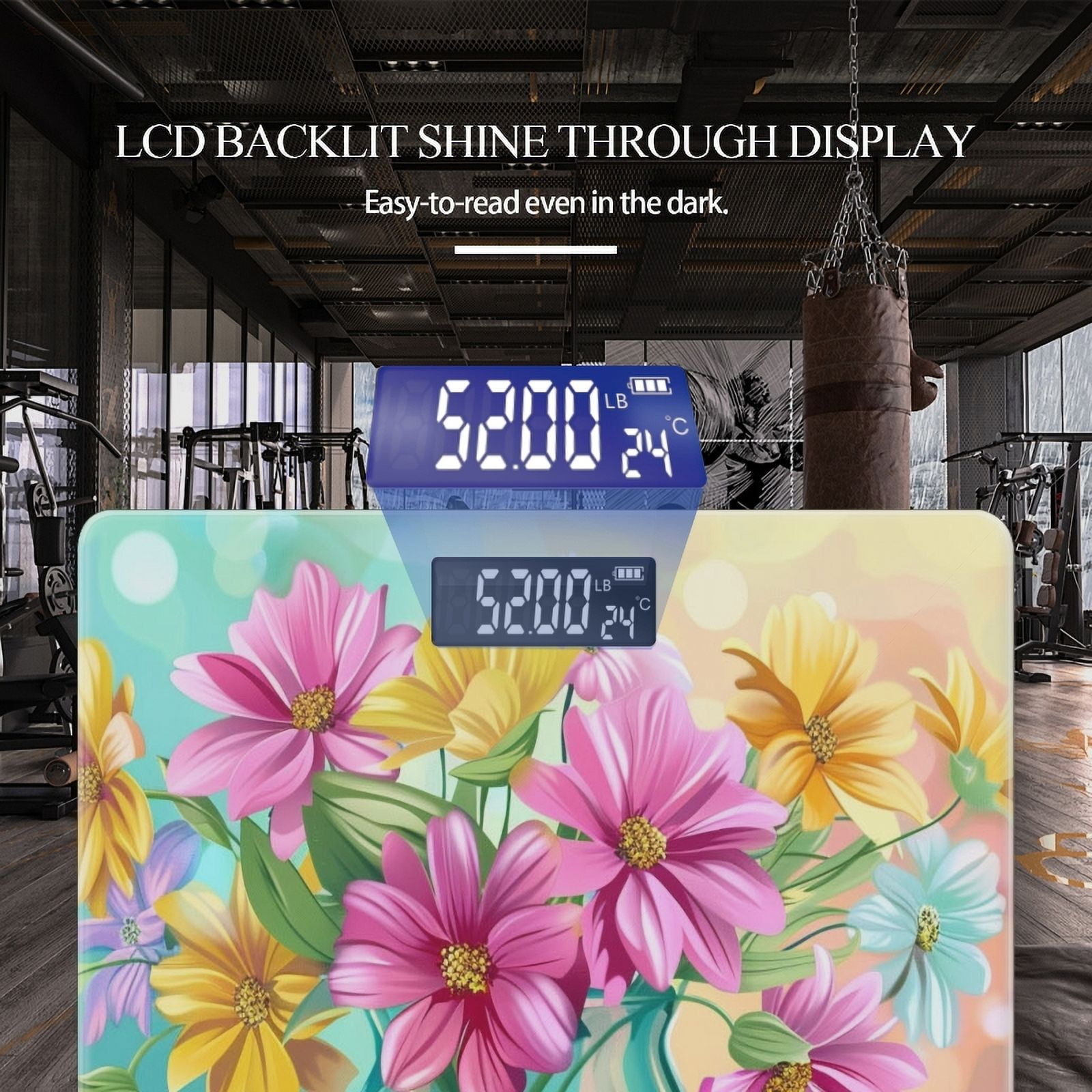 Bathroom Scale, Highly Accurate Digital Body Scale,Precisely Measures Weight up to 400 lbs-Colorful Flowers In Glass Vase On Table With Blurred Background