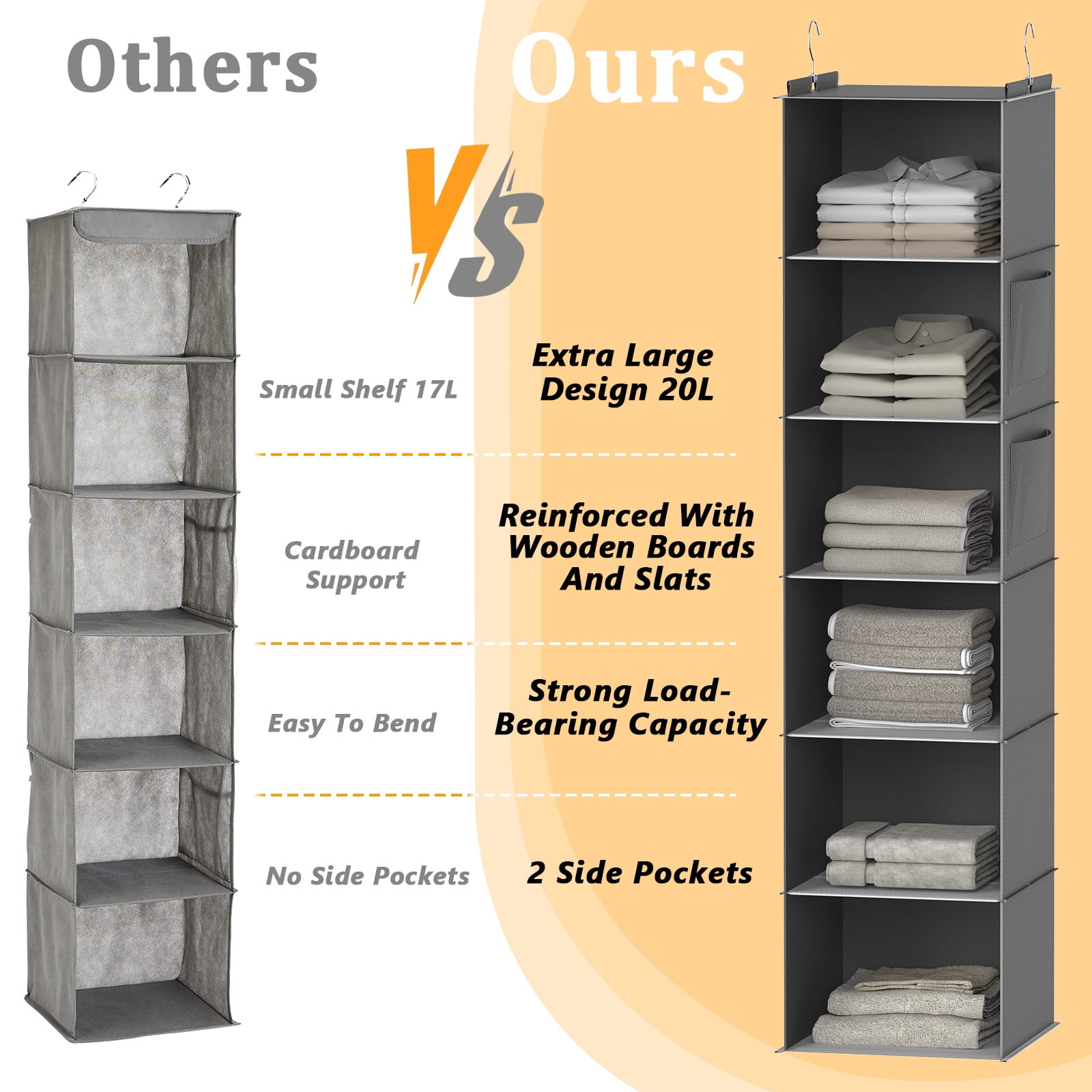 Closet Hanging Storage Shelves, 6-Shelf Hanging Closet Organizer with Bamboo Inserts, Foldable Closet Organizers and Storage for Bedroom,Sturdy Hook Closet Storage W/ 2 Side Pockets,Gray