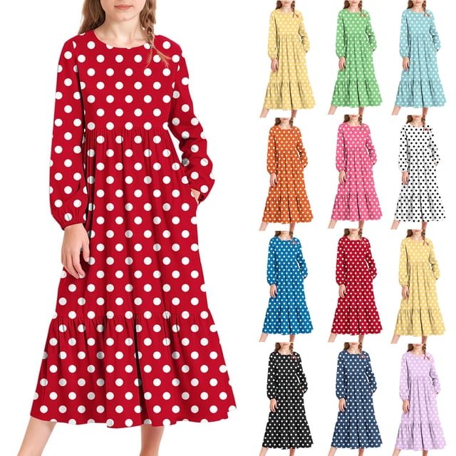 MKOSPLRT Robe Maxi Fille Manches Longues Imprimé à Pois Robe Longue Col Rond Robe Vintage de Soirée Robe Décontractée à Volants avec Poche 4-15 Ans
