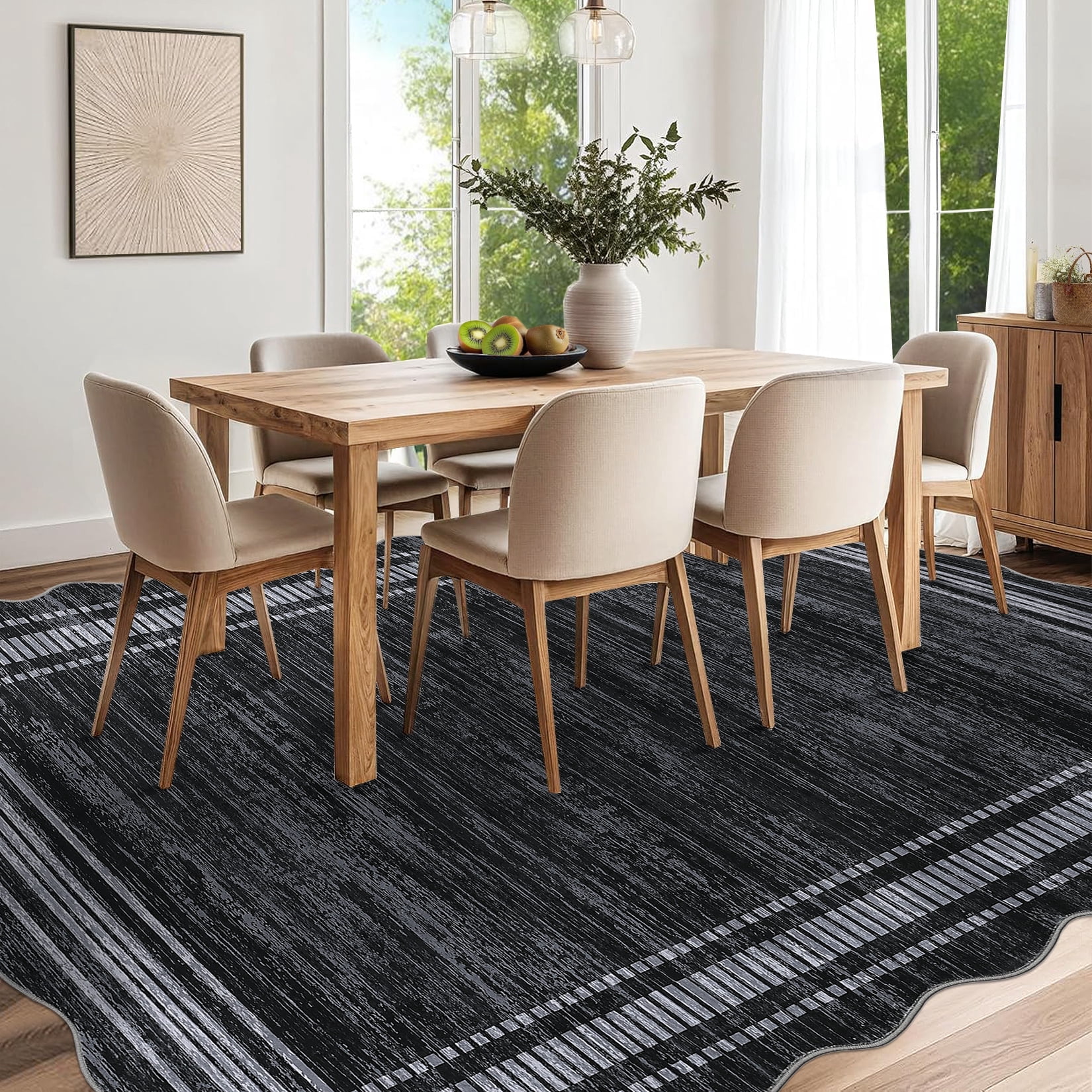 Twister.CK Modern 5' x 7' Bordered Area Rug, Washable Irregular Rugs, Non-Slip Carpet for Bedroom Dining Room Home Office, Black