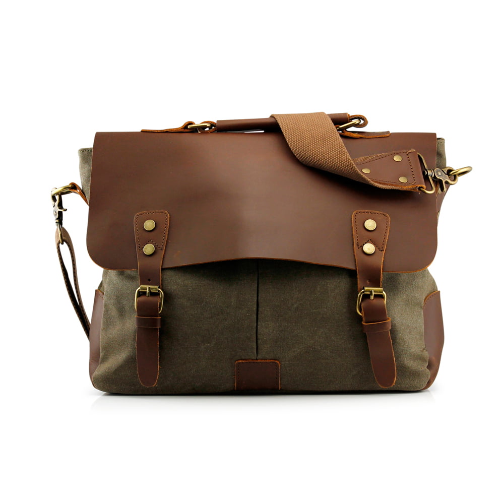 Men's Vintage Canvas Leather Satchel School Military Messenger Shoulder Bag  Travel Bag - Khaki 