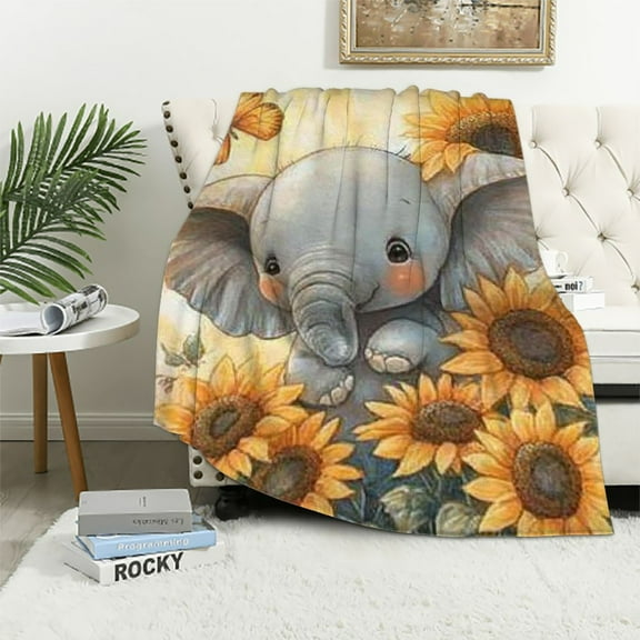 BCIIG Cute Elephant Sunflowers Blanket Throw Blanket Soft Fuzzy Travel Blanket for Bedroom Living Room Couch Office Car All Season Gift for Girls Boys Women Men 40x50in