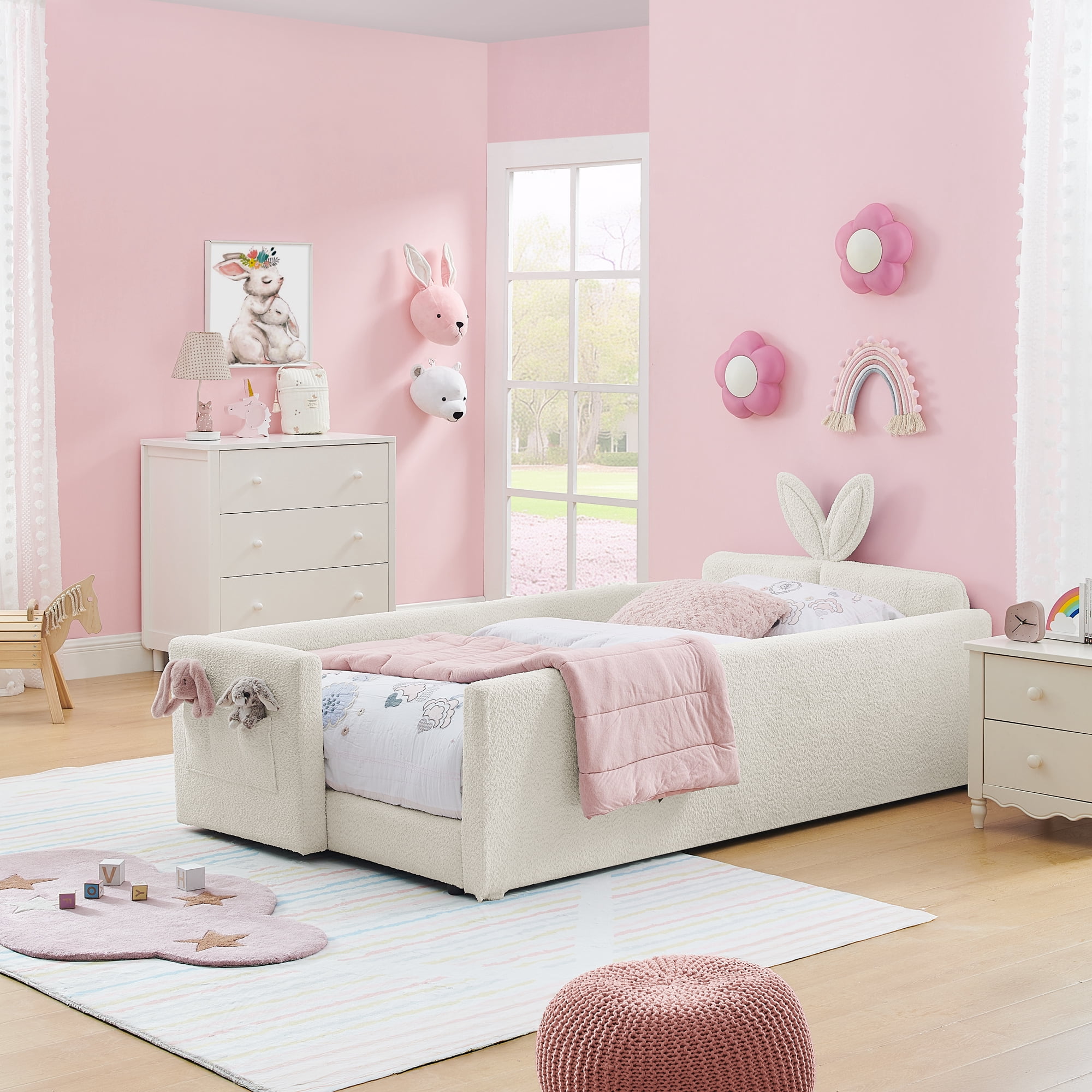 T-Joy Cute Kids Bed with Rail and Pocket, Boucle Wooden Platform Bed with Rabbit Ear, Twin Size, Beige