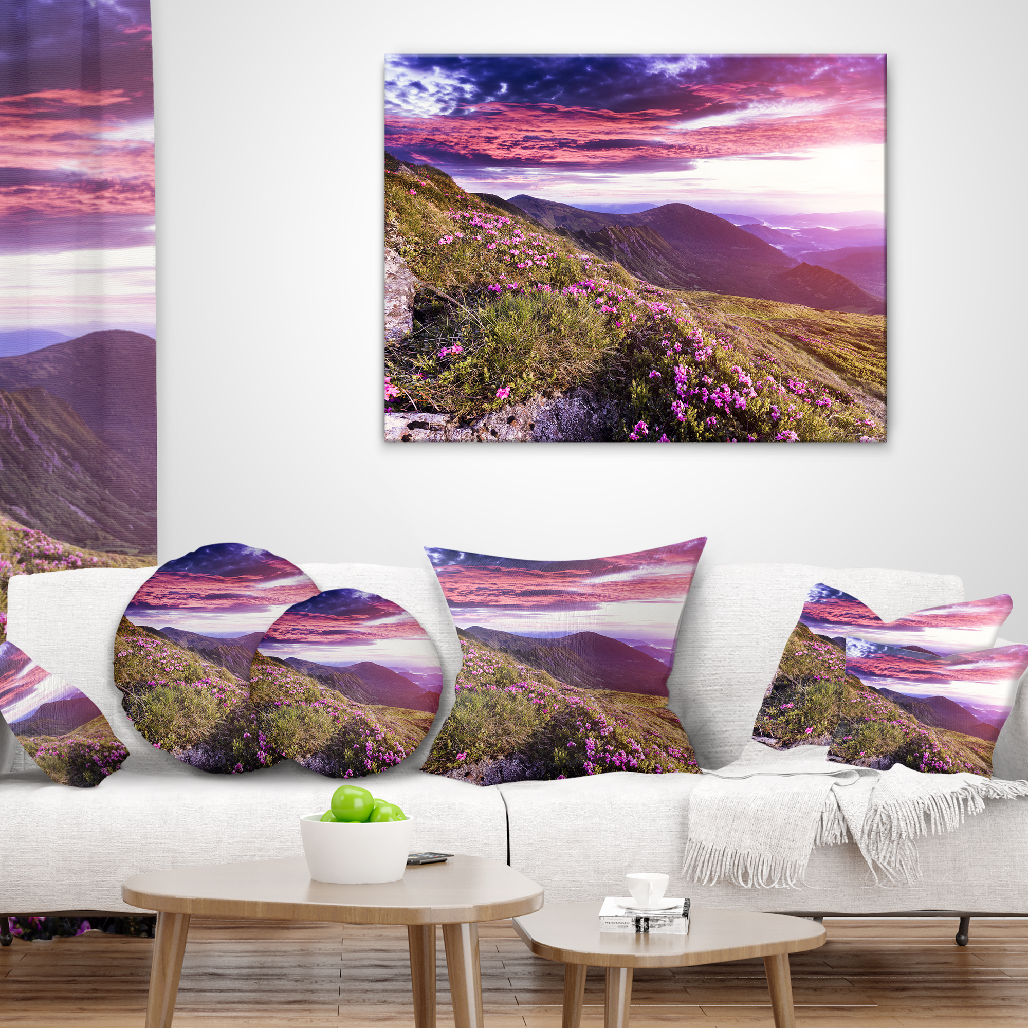 Designart Rhododendron Flowers in Hills - Landscape Photo Throw Pillow - 12x20