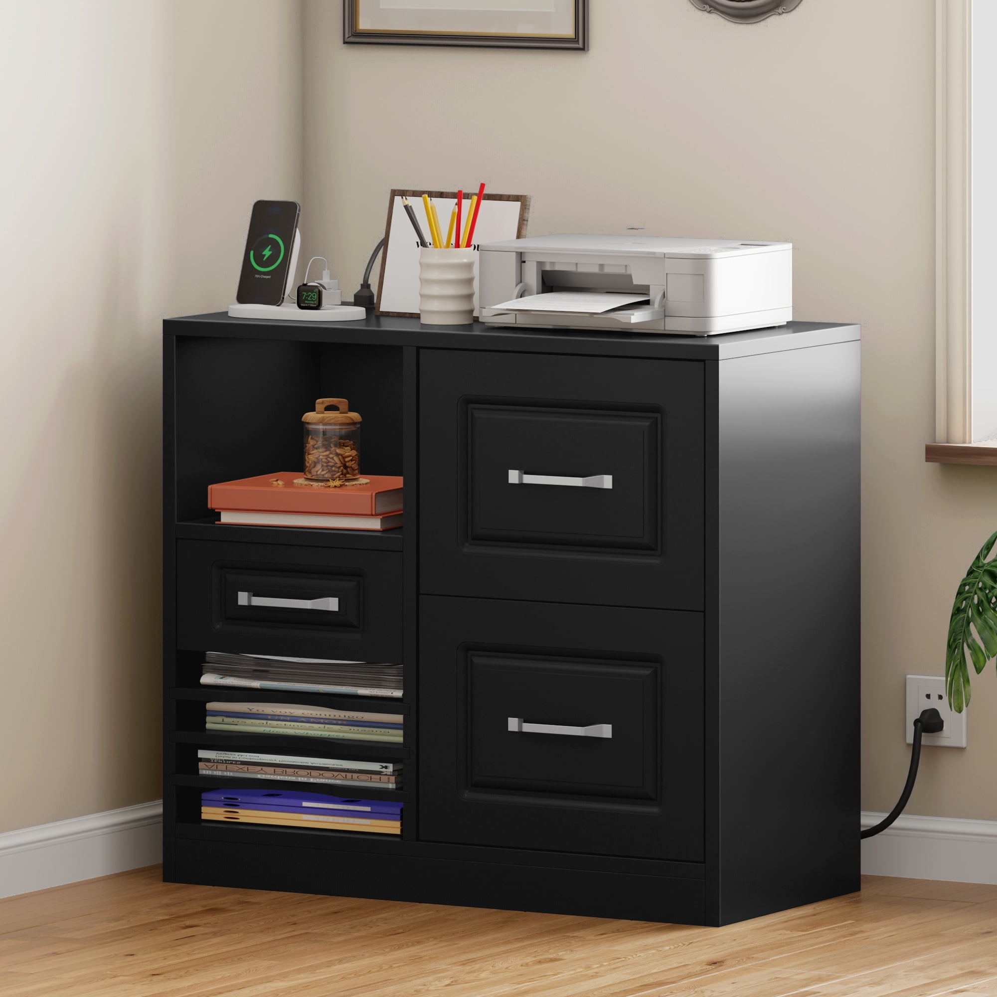 Uforic Wood File Cabinet with Charging Statio , 3 DrawerFiling Cabinet Fits for A4, Letter, Legal Size, Printer Stand with Storage Shelf for Home Office, Black