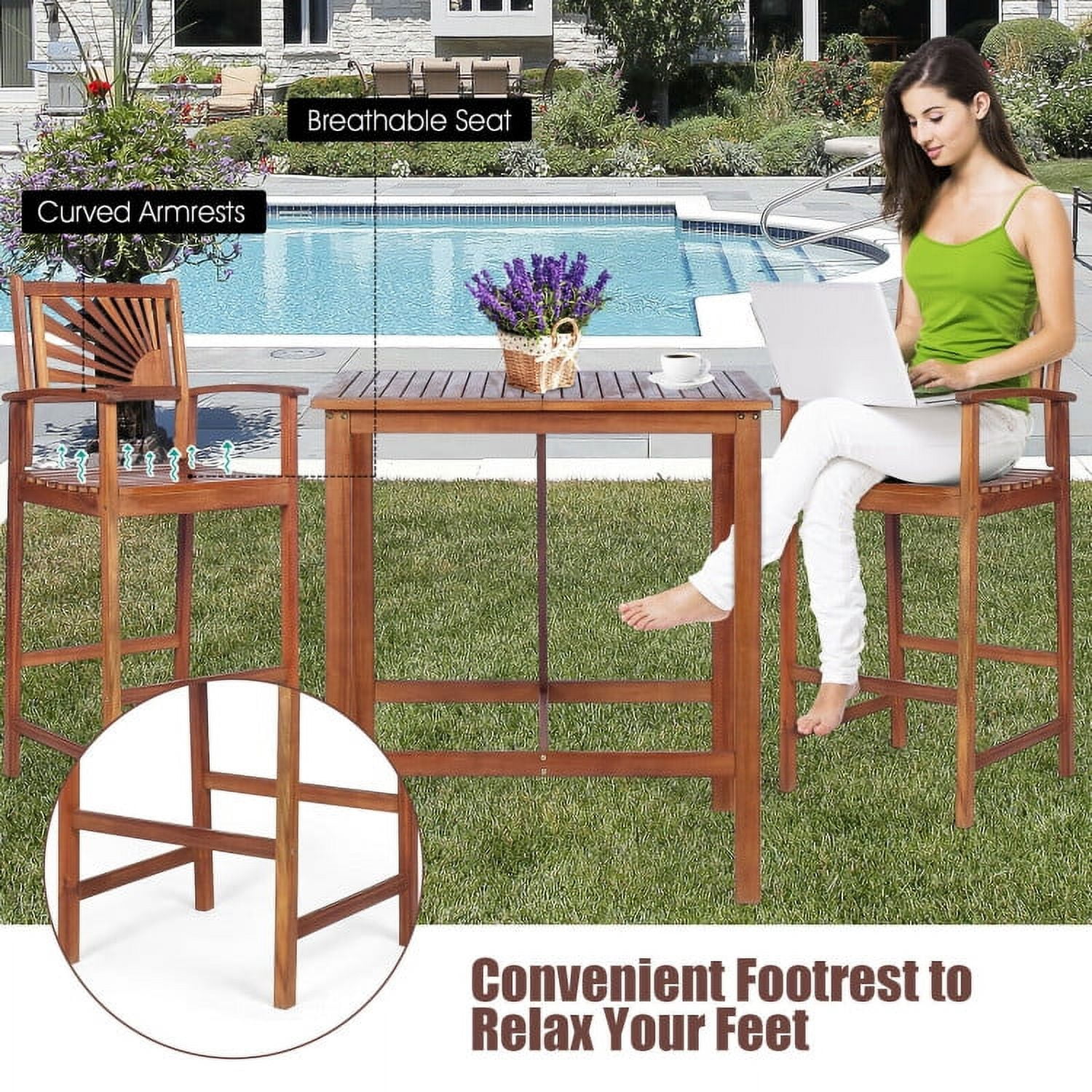 Aimee Lii 3 Pieces Acacia Wood Patio Bar Set with Sunflower Patterned Backrest, Outdoor Patio Furniture