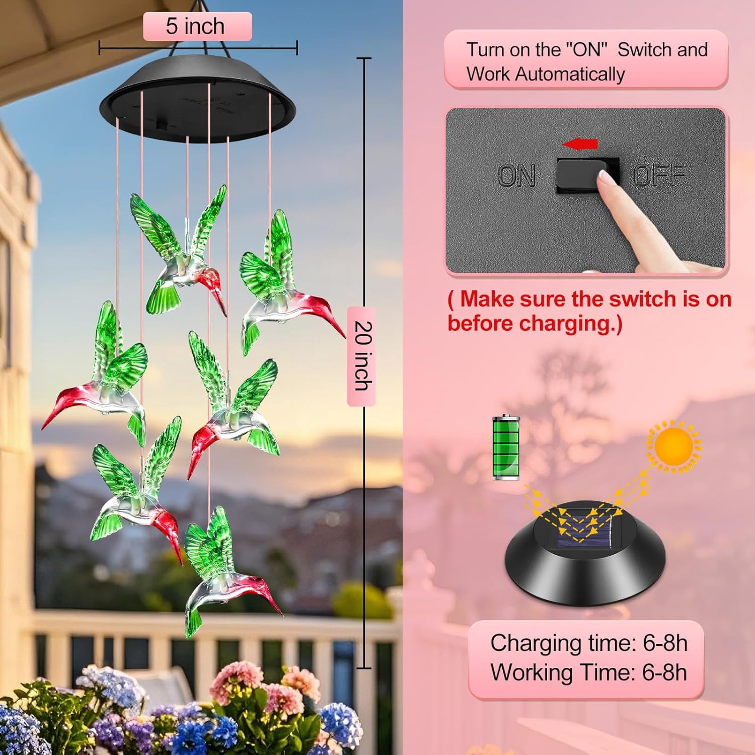 Tikeitoo Birthday Gifts for Women Mom Grandma, Solar Hummingbird Wind Chimes for Outside Garden, Solar Lights Outdoor Waterproof Mobile Decoration for Patio Yard