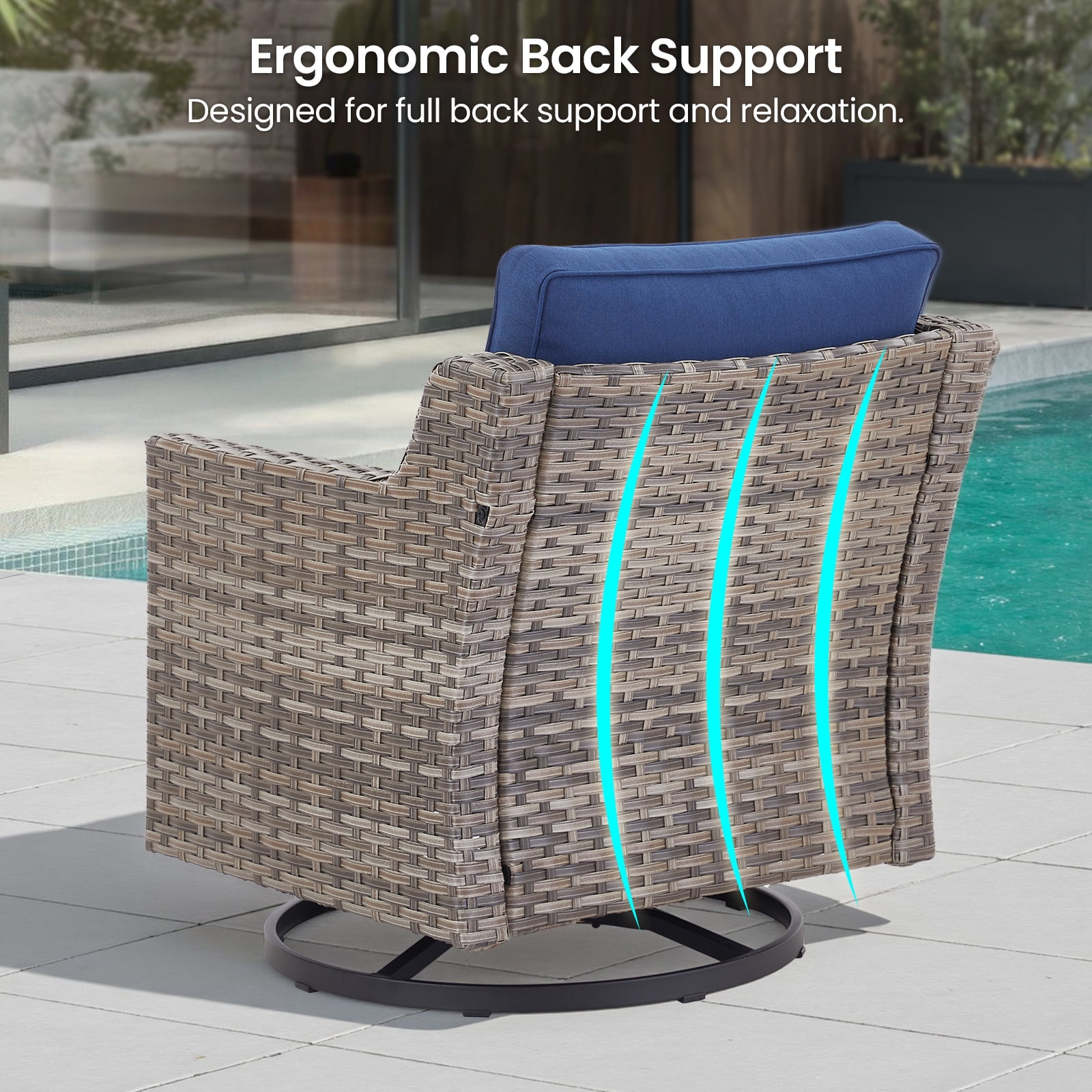 Gymojoy Outdoor Wicker Swivel Rocker Patio Rocking Chairs Set of 2 with Blue Cushions