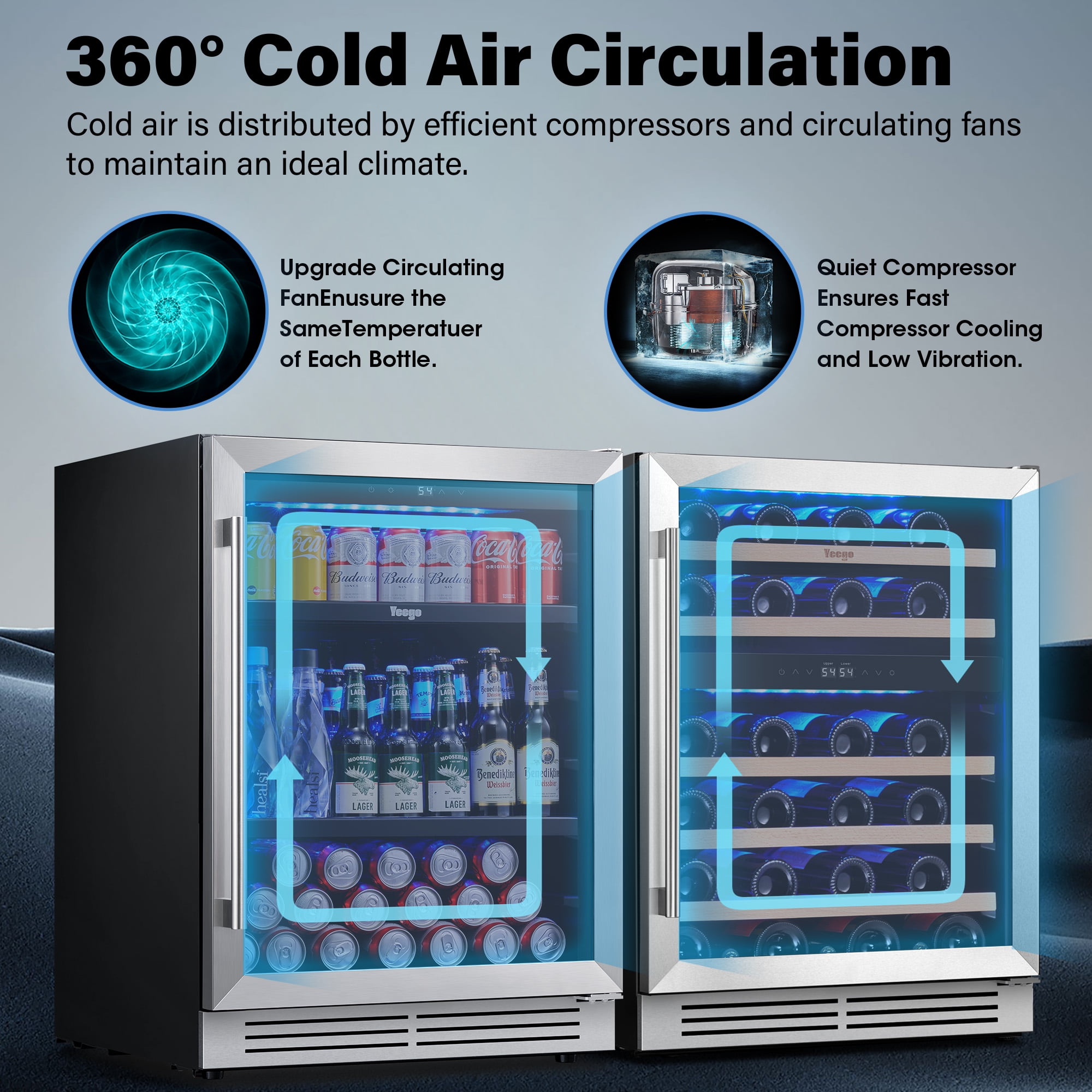 Yeego 48" Wine Cooler and Beverage Refrigerator - 2×24'' Wine Cooler Side by Side - Dual Zone Under Counter Fridge, Hold 140 Cans and 46 Bottles