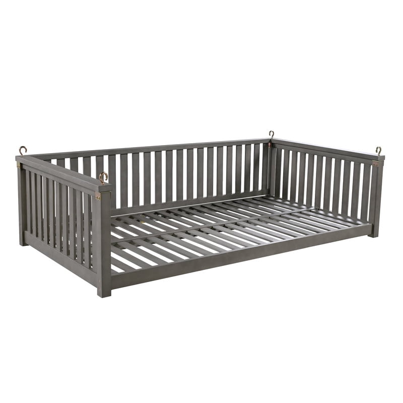 Patio Twin Size Garden Swing Bed, Wooden Porch Swing Frame with Ropes, Outdoor Hanging Swing for Garden, Backyard, Patio, Safe Sloped Design