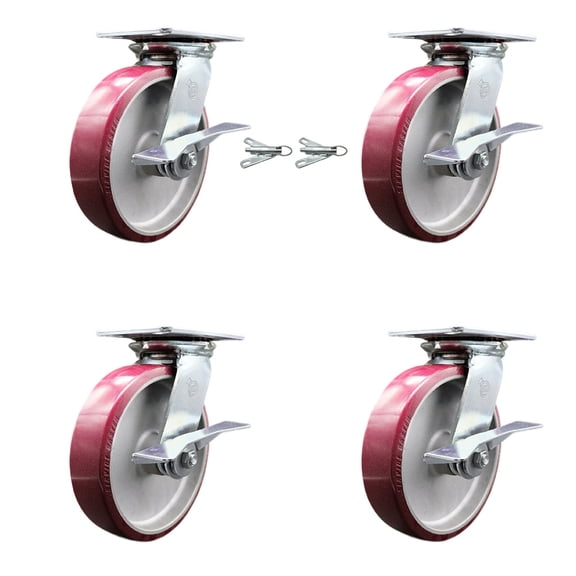 8 Inch Poly on Aluminum Caster Set with Roller Bearing 4 Brake and 2 Swivel Lock