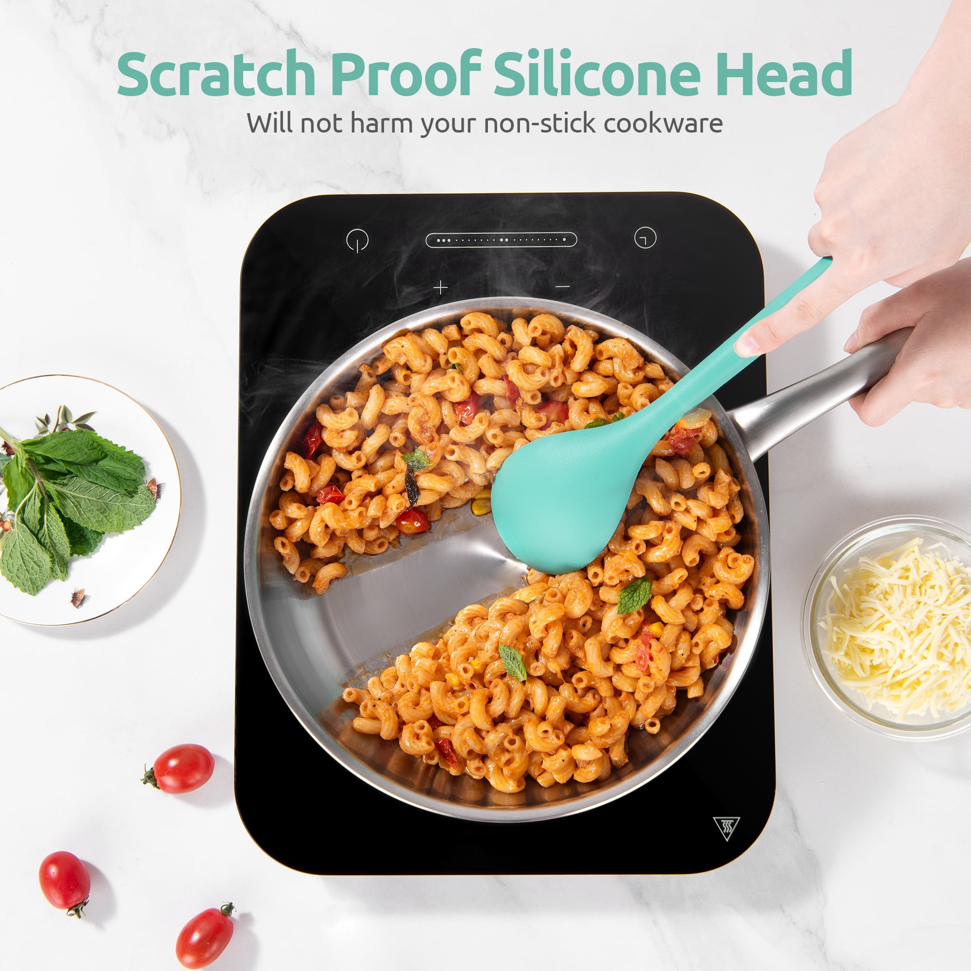 Silicone Kitchen Cooking Utensil Set: U-Taste 446°F Heat Resistant 13.6in Long Kitchen Gadget, BPA Free Non Stick Rubber Cook Accessories For Stir Fry, Serving, Basting, Mixing (5 Pieces, Aqua Sky)