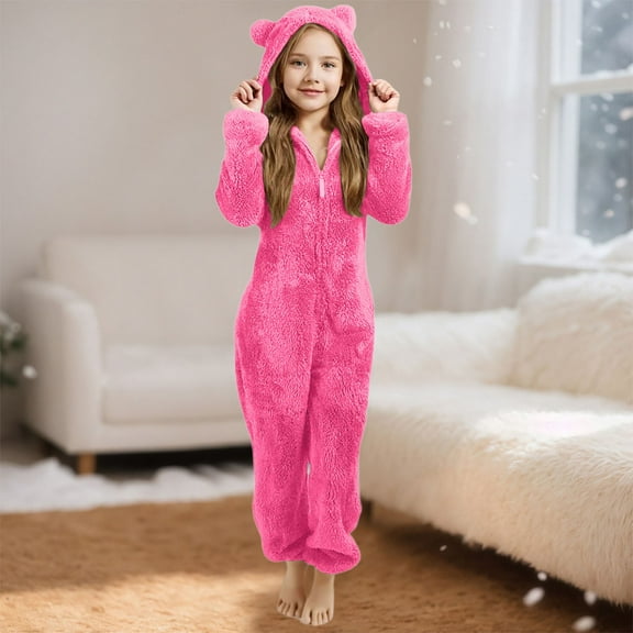 Kids Girls Lined Onesie - Thermal Bear Hooded Jumpsuit Toddler Winter Clothes Christmas Onesie 5-6 Years