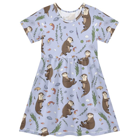 FORMRS Girls Short Sleeve Dress Summer Casual Round Neck A-line Beach Sundress, Sizes 2T-8T, Purple Otters Pattern