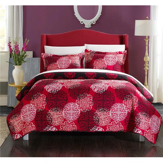 Chic Home QS3311-BIB-US Ensemble de Courtepointe Très Grand Imprimé Réversible Dorothy Boho de 7 Pièces & 44; Rouge avec Jeu de Feuilles