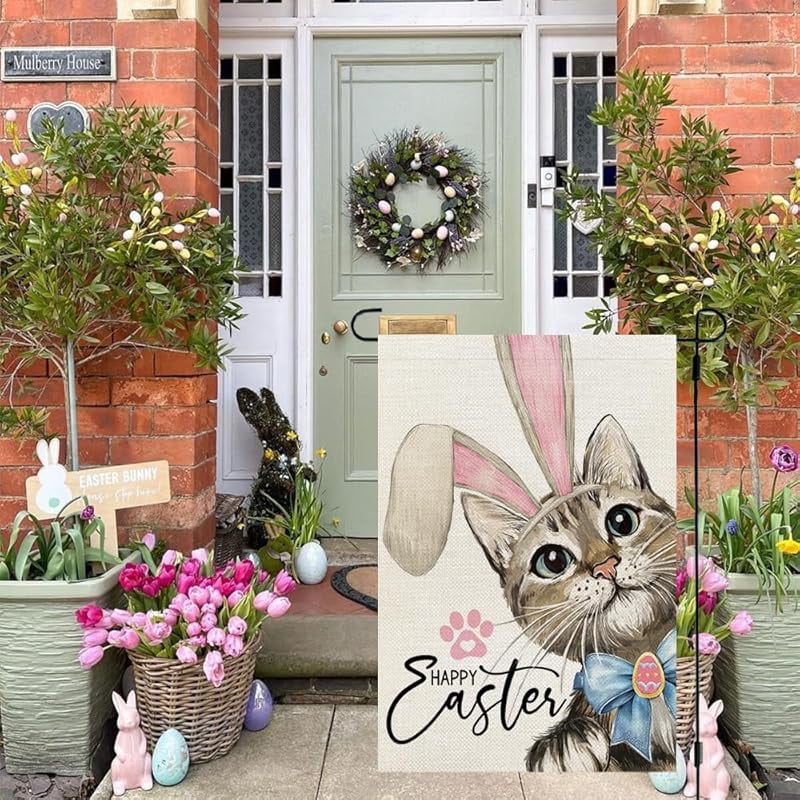Happy Easter Cat Garden Flag Double Sided for Outside Small Burlap Rabbit Ear Holiday Yard Decoration