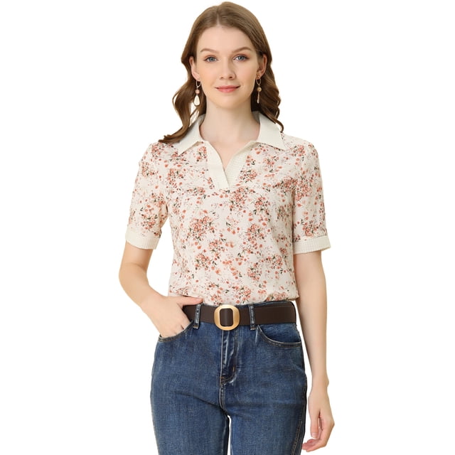 INSPIRE CHIC Blusa Floral De Manga Corta Con Cuello En V Para Mujer Beige M