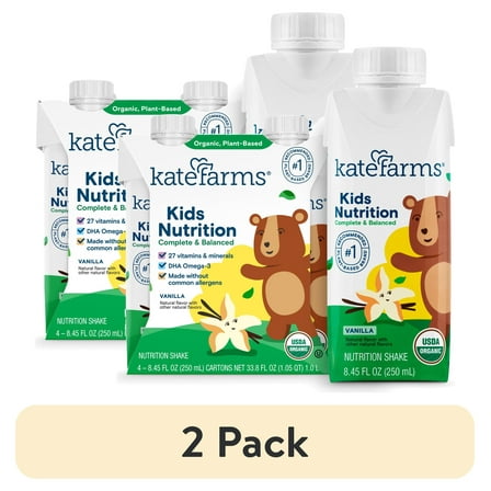 (2 pack) Kate Farms Kids Nutrition Shake, Vanilla, 4 Pack, 8.45 fl oz
